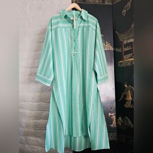Anthropologie Green White Stripe Cotton Shirt Midi Dress NWT Sz S/M Oversized